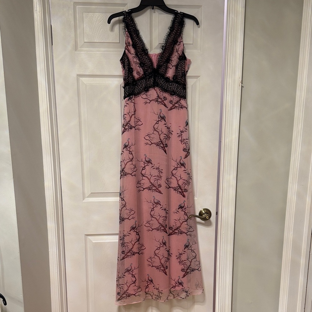 Chic Pink Maxi Dress with Black Lace Accents